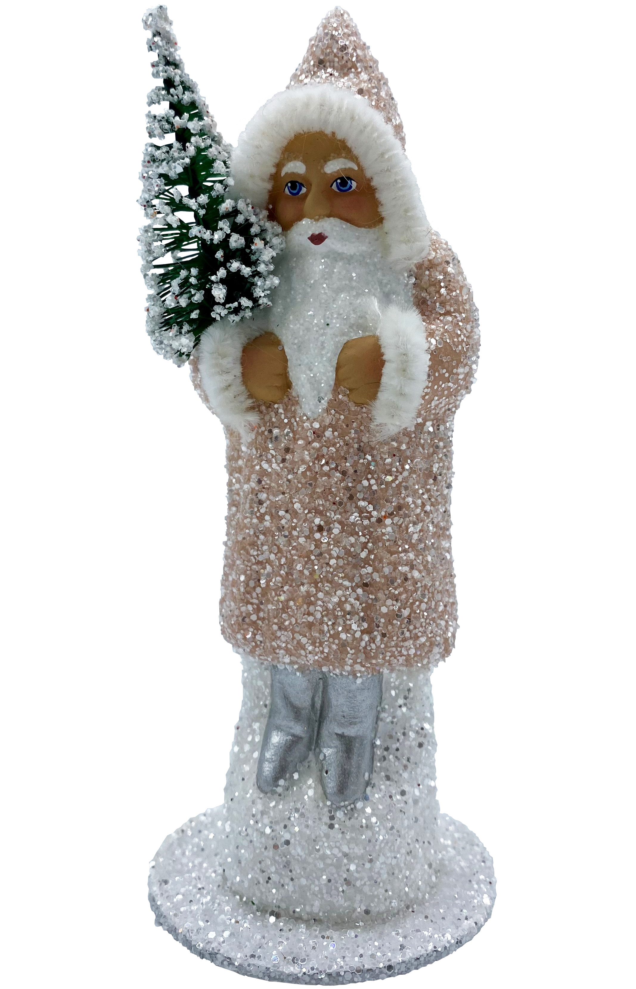 23153 - Schaller Paper Mache Candy Container - Santa in Nude Glitter Coat  and Silver Boots with Pipecleaner Edges